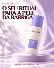Card Aowcare: apresentação do creme corporal para a barriga, 125 g. Visual ilustrativo com identidade Aowcare.
