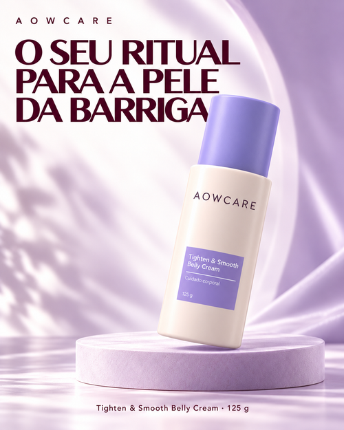 Card Aowcare: apresentação do creme corporal para a barriga, 125 g. Visual ilustrativo com identidade Aowcare.