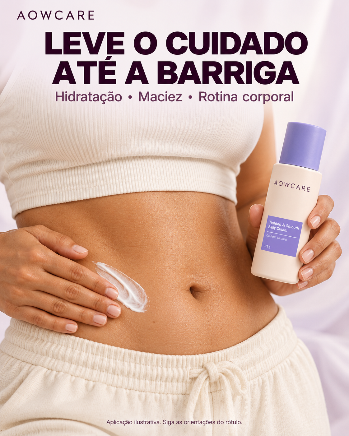 Card Aowcare: demonstração ilustrativa da aplicação do creme na pele da barriga. Imagem criada com IA.