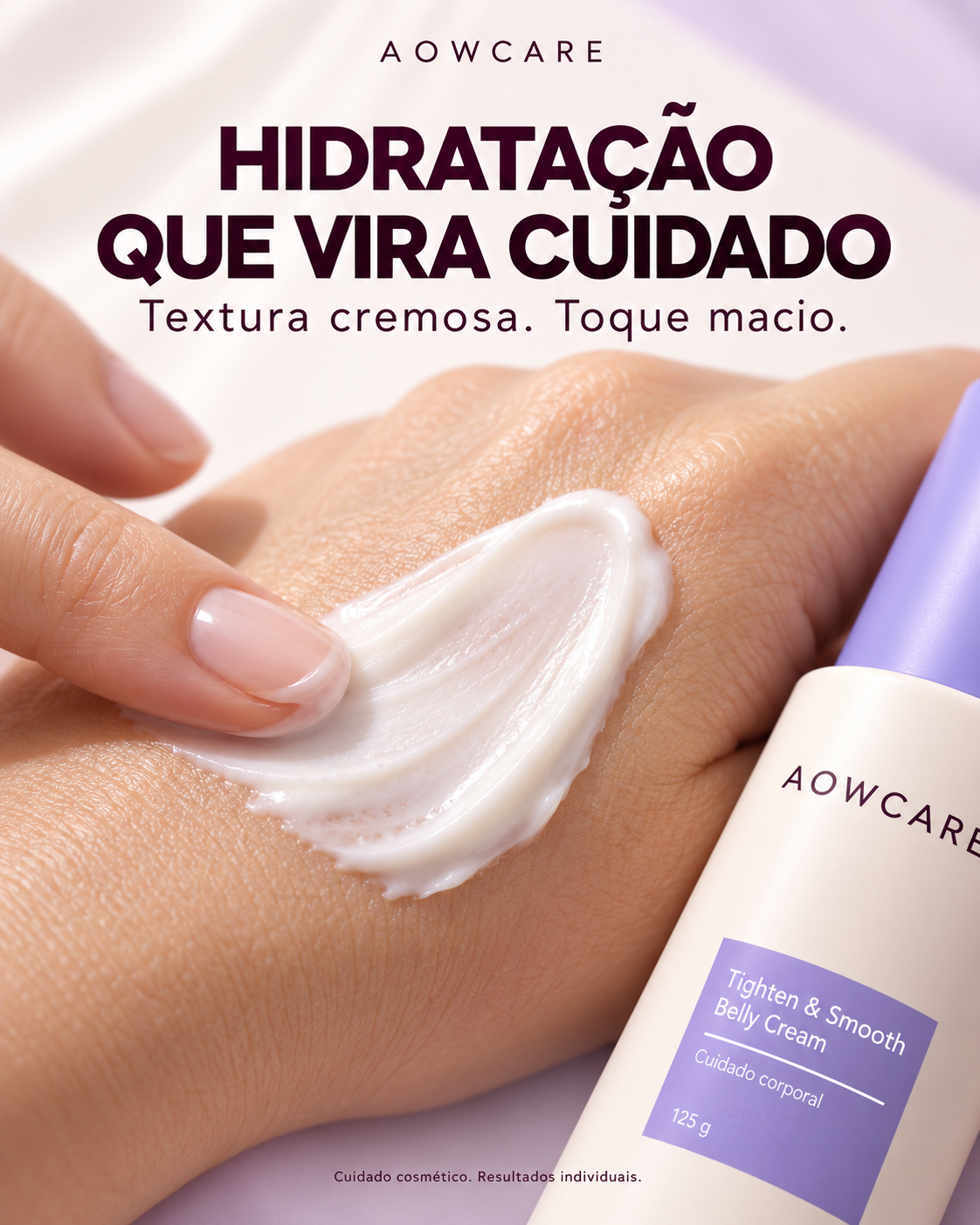 Card Aowcare: textura cremosa e aplicação suave na pele. Cena ilustrativa criada com IA.