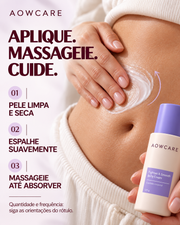 Como usar Aowcare: pele limpa e seca, espalhar suavemente e massagear até absorver. Seguir quantidade e frequência do rótulo. Cena ilustrativa.