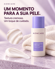 Card Aowcare: apresentação da textura cremosa e do ritual de cuidado corporal. Cena ilustrativa.